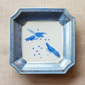 Vintage Japanese Square Plate Blue Birds Gold Accent